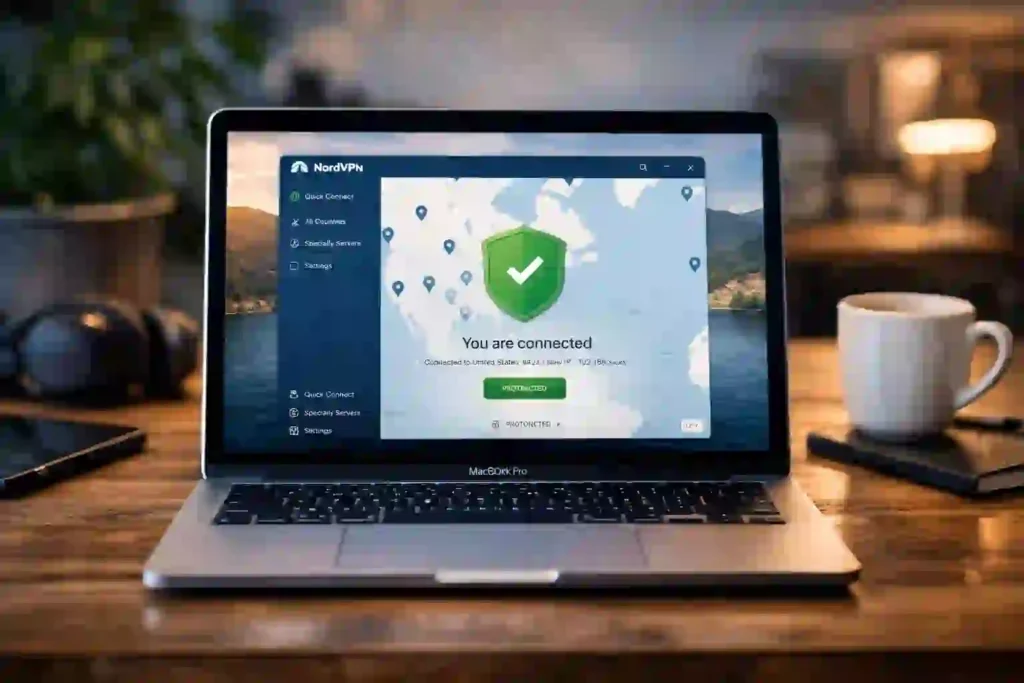 A laptop displaying a VPN interface with a map and a green shield icon indicating connection. The setting is a cozy wooden desk with headphones, a phone, and a coffee cup.