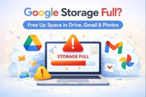 Illustration showing Google storage full warning on a laptop with Google Drive, Gmail, and Google Photos icons, representing how to free up Google storage space