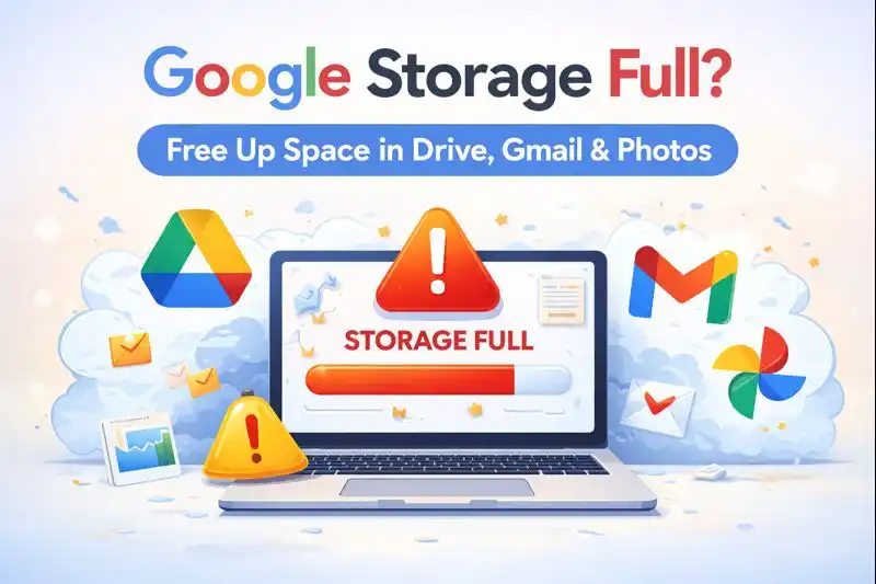 Illustration showing Google storage full warning on a laptop with Google Drive, Gmail, and Google Photos icons, representing how to free up Google storage space