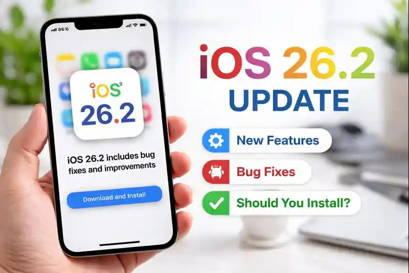 iPhone showing iOS 26.2 update with new features and bug fixes on a desk.