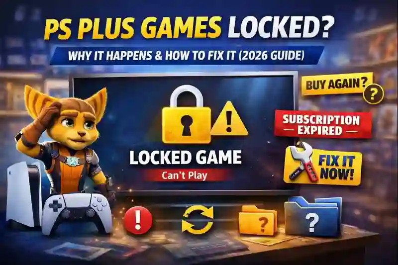 PS Plus games locked on PS4 and PS5 showing lock icon, subscription expired warning, and steps to fix PlayStation Plus game access issues in 2026