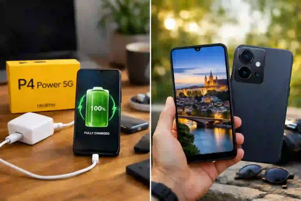 Two smartphones displayed. Left: charging with 100% battery and yellow "P4 Power 5G" box. Right: phone showing scenic city view, held in hand.