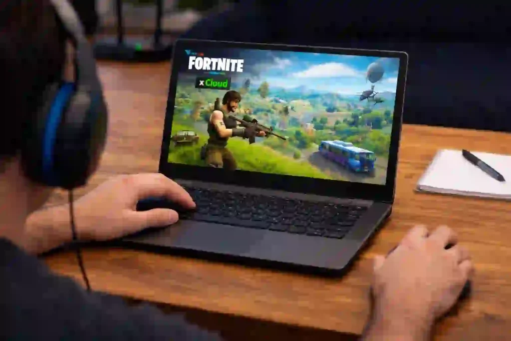 A man focused on playing Fortnite on his laptop, with a gaming headset on and a colorful screen displaying the game.