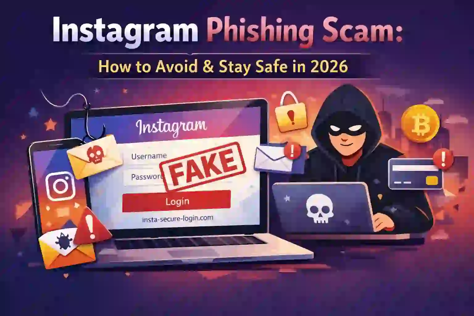 Instagram phishing scam warning showing fake login page and hacker illustration