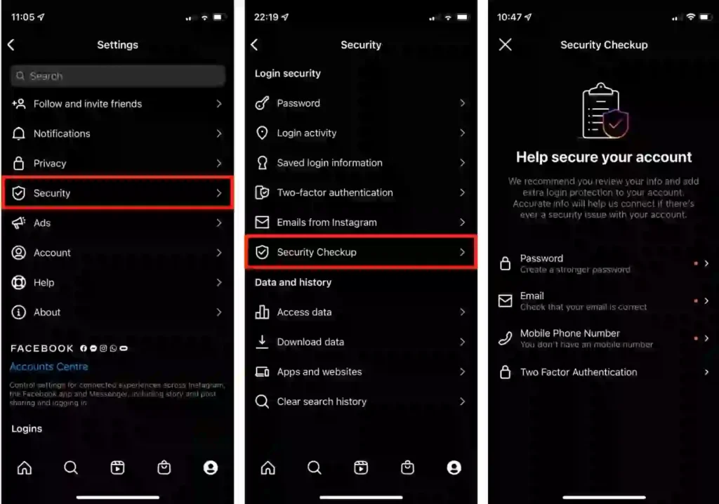 Instagram Security settings showing Security Checkup and Two-Factor Authentication options