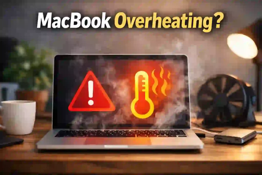  A MacBook with visible heat waves rising from it, indicating overheating issues.