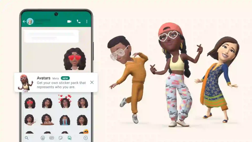 A smartphone displays a sticker pack of diverse avatars. Next to it, three animated figures in vibrant outfits pose playfully, conveying joy and diversity.