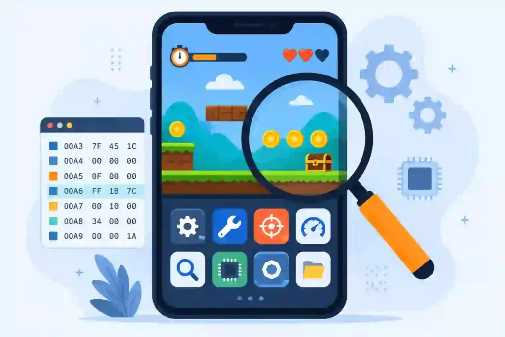 Flat vector smartphone with a magnifying glass scanning coins and gameplay timers, illustrating memory editing in Android games.