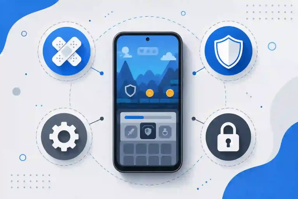 Top-down smartphone surrounded by patch, shield, gear, and lock icons, representing different Android game modding tools.
