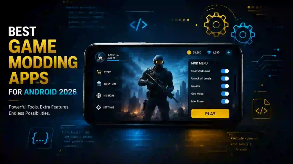 Best Apps to Mod Games on Android (2026) – 11 Tools Compared
Modern smartphone displaying a mobile game with gear icons and code symbols on a dark tech background, representing Android game modding apps.