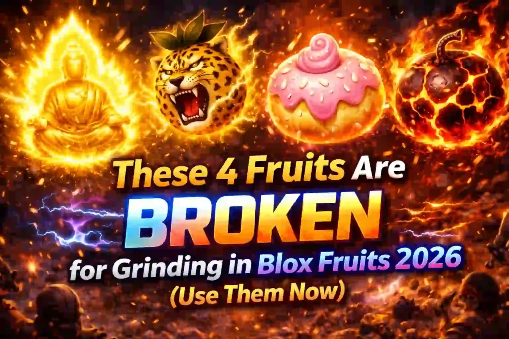 Best Blox Fruits for fast leveling 2026 showing Buddha, Leopard, Dough, and Magma fruits in action scene