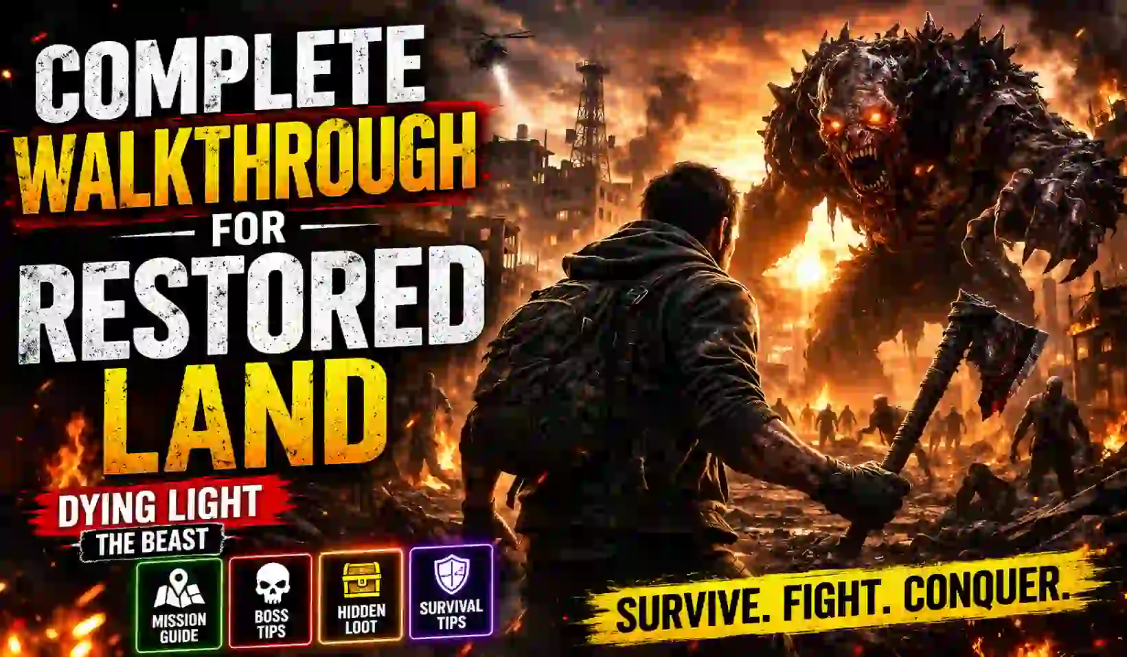 Complete Walkthrough for Restored Land in Dying Light The Beast showing survival gameplay, boss fight, and hidden loot tips