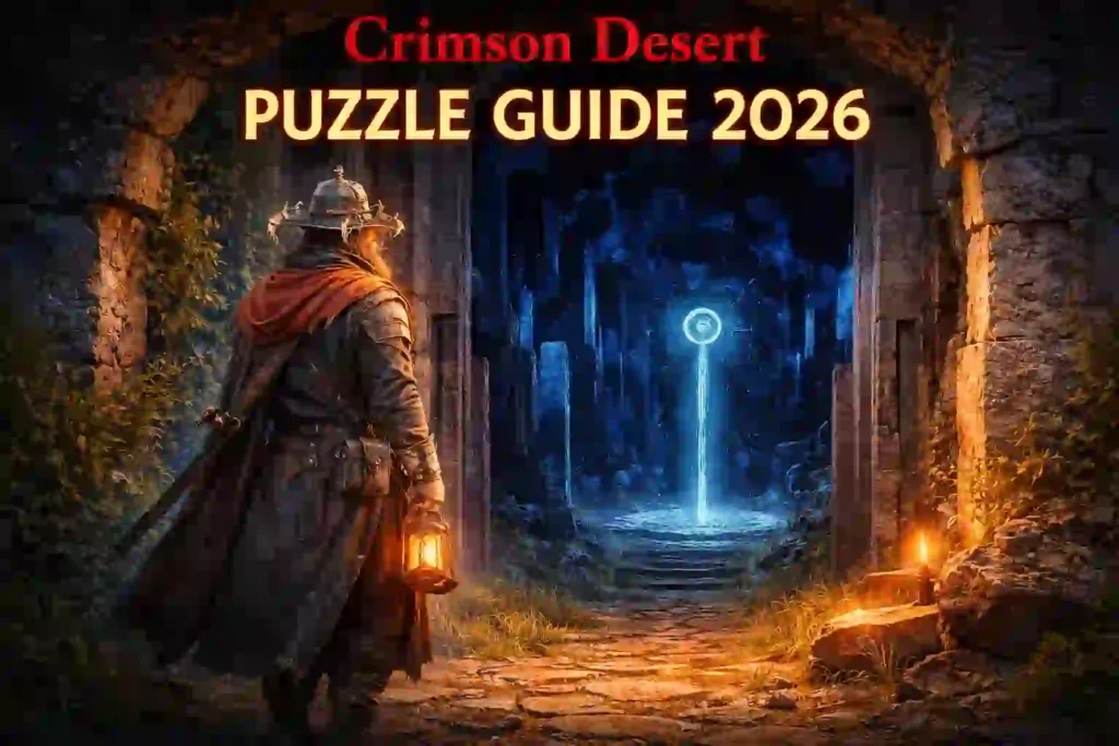 Crimson Desert Puzzle Guide 2020 cover featuring vibrant artwork and puzzle elements against a desert backdrop.