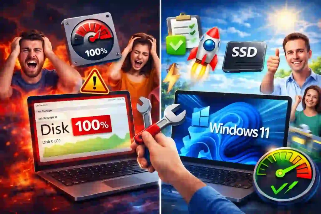 Windows 11 100% disk usage problem vs fix comparison showing slow laptop before and fast performance after applying solutions