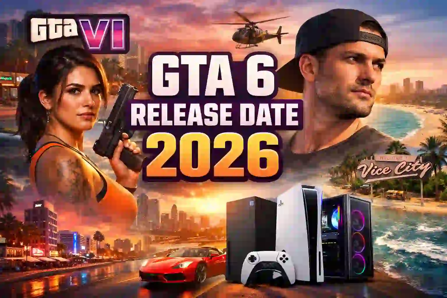 GTA 6 release date 2026 official trailer image showing Vice City map with Lucia and Jason for PS5 Xbox and PC