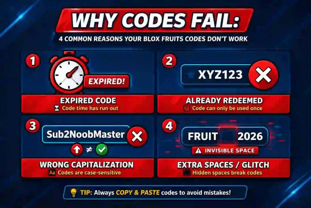 Infographic showing 4 common reasons Blox Fruits codes not working in 2026 - expired code, already redeemed error, wrong capitalization case sensitive issue, and invisible trailing space glitch with copy paste tip