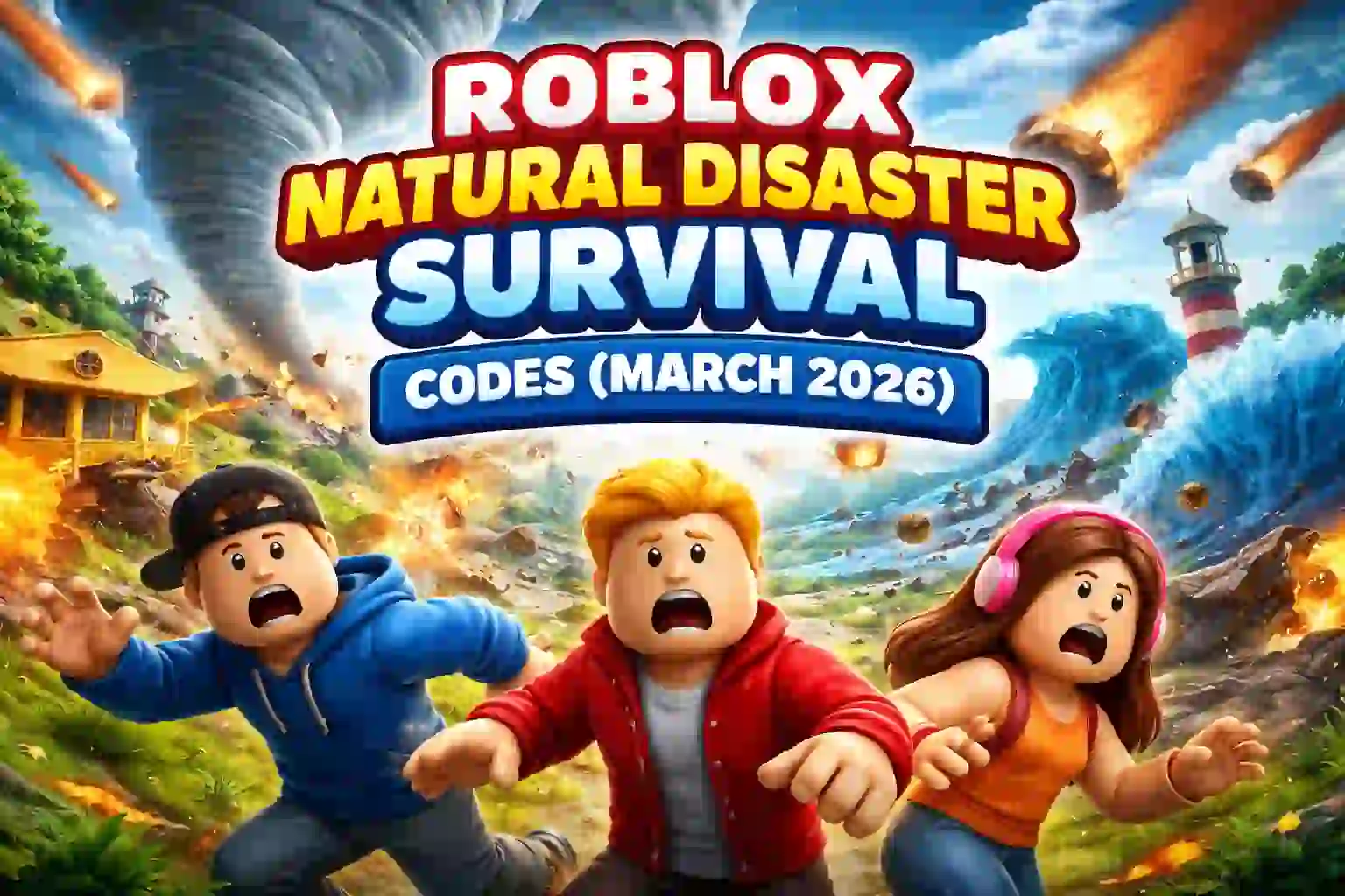 Roblox Natural Disaster Survival Codes March 2026 featured image showing tornado, flood, and meteor disaster scene.