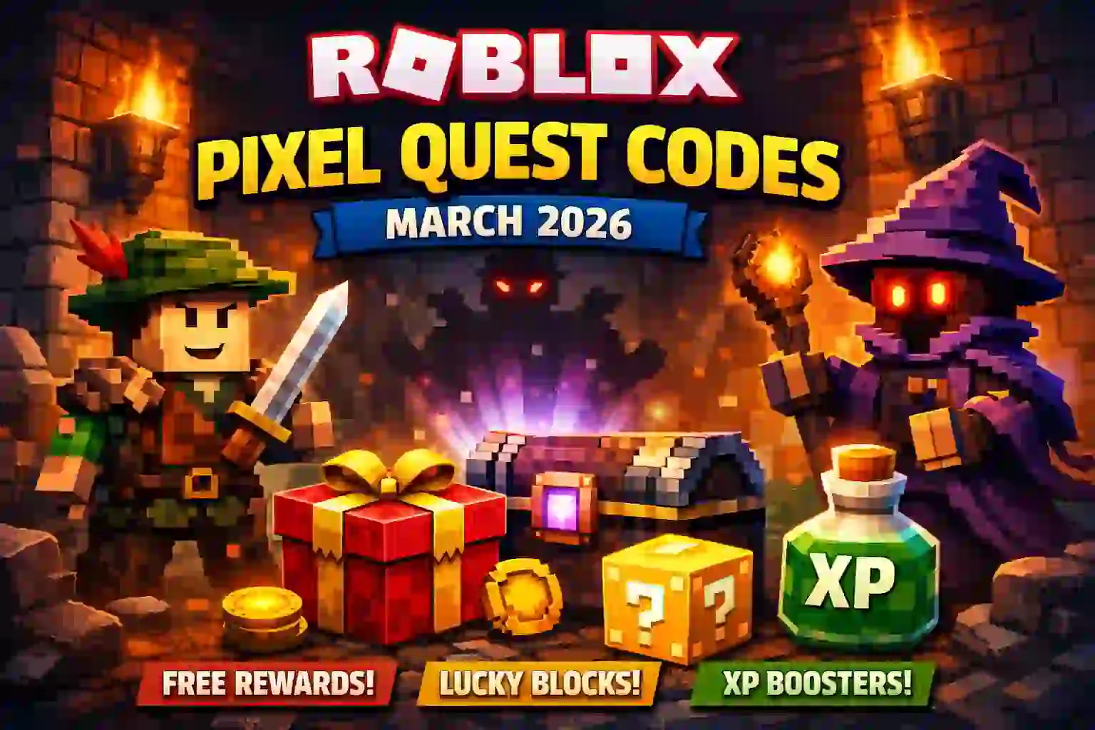 Roblox Pixel Quest Codes March 2026 showing free giftboxes, XP boosters, and lucky block rewards