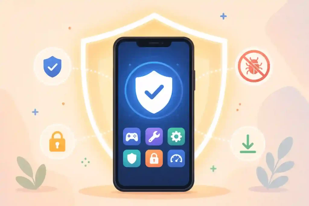 Smartphone protected by a glowing shield icon, symbolizing safe and secure Android game modding and device protection.