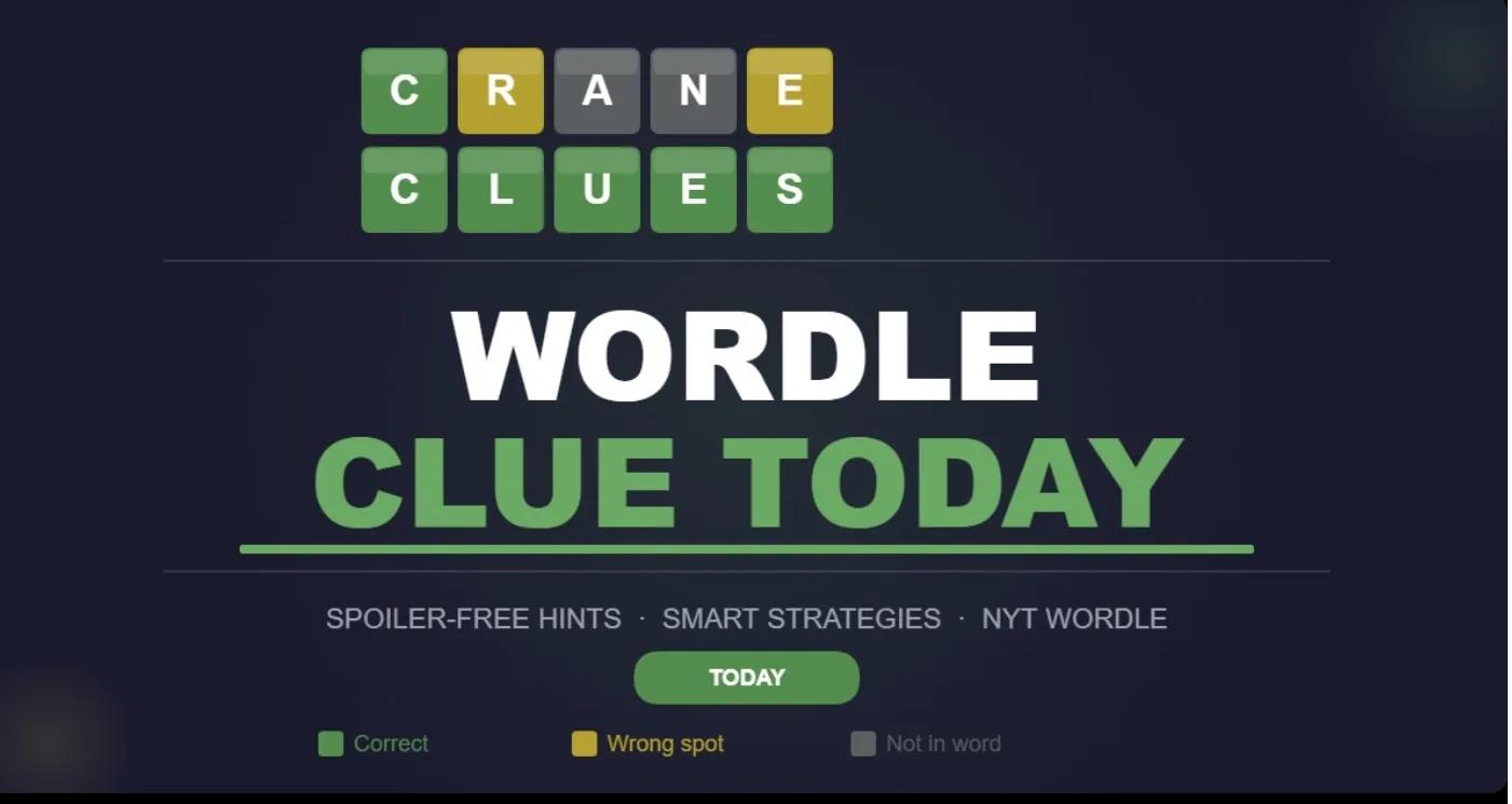 Wordle clue today with green yellow and grey tiles showing spoiler-free hints for today's NYT Wordle puzzle