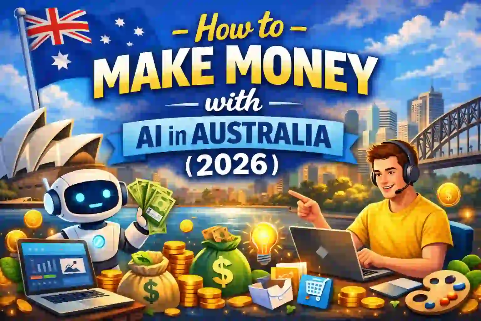 How to make money with AI in Australia showing AI tools, online earning, and digital income ideas
