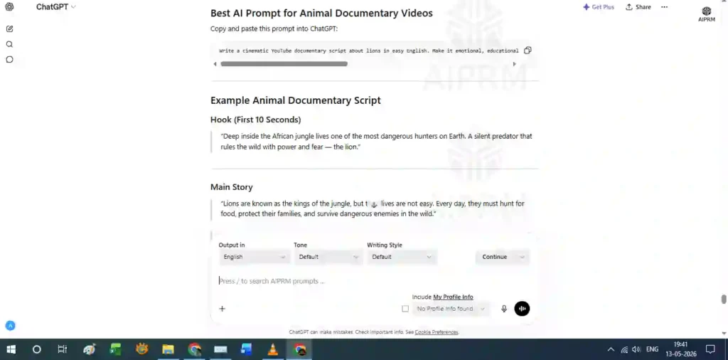 ChatGPT script writing for animal documentary videos