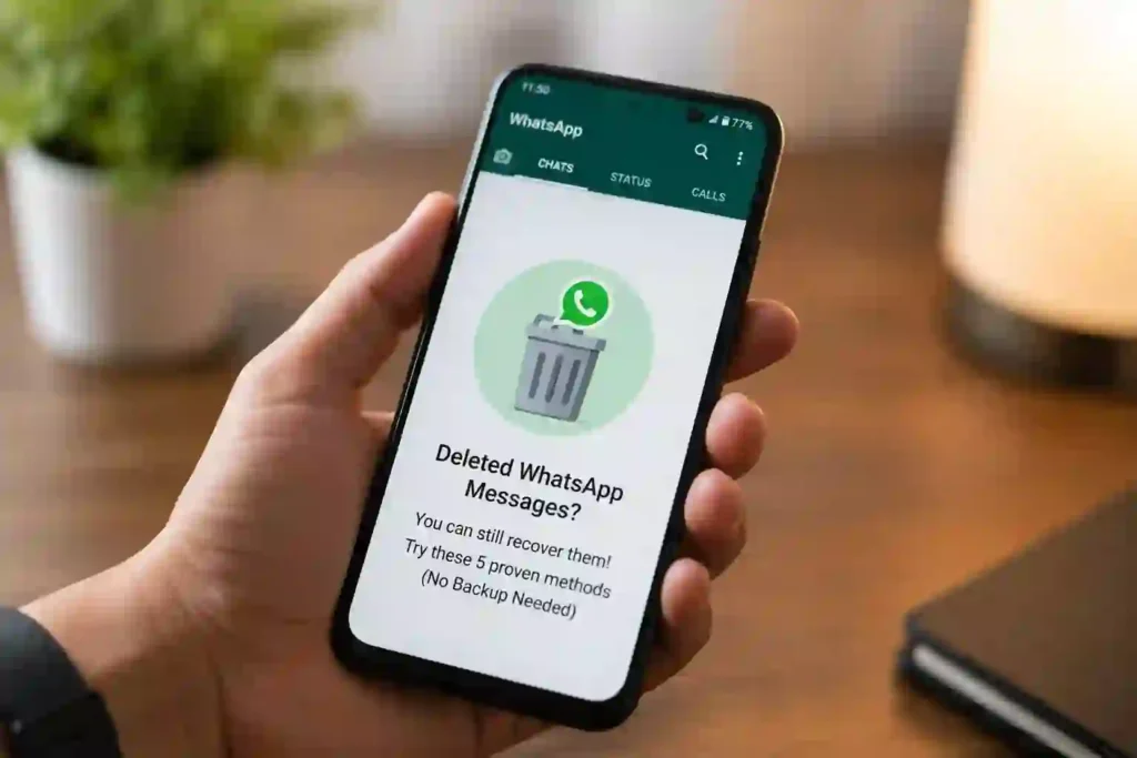Hand holding Android phone showing deleted WhatsApp messages recovery screen without backup using recovery methods on WhatsApp app.