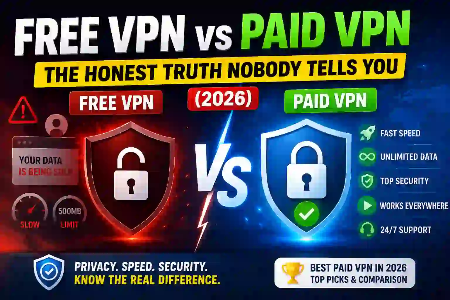 Free VPN vs Paid VPN comparison showing privacy risks, slow speed, data limits, and security benefits in 2026.