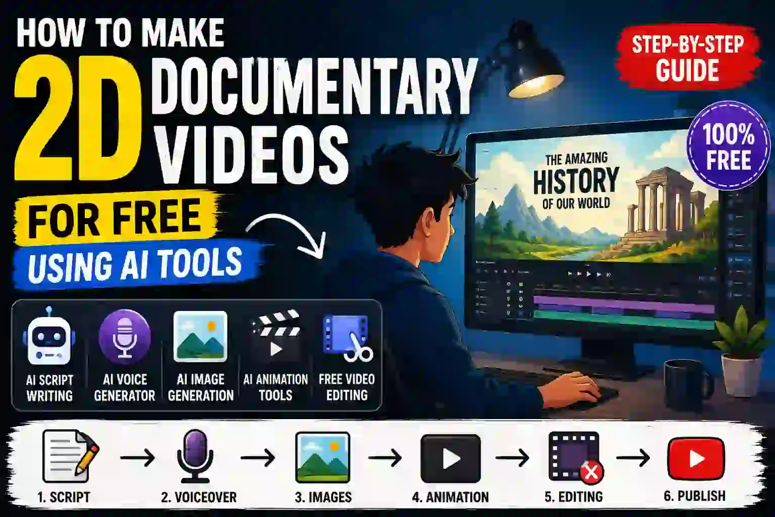 Beginner creating 2D documentary videos using free AI tools for script writing, voiceover, animation, and video editing on a computer. Select 73 more words to run Humanizer.