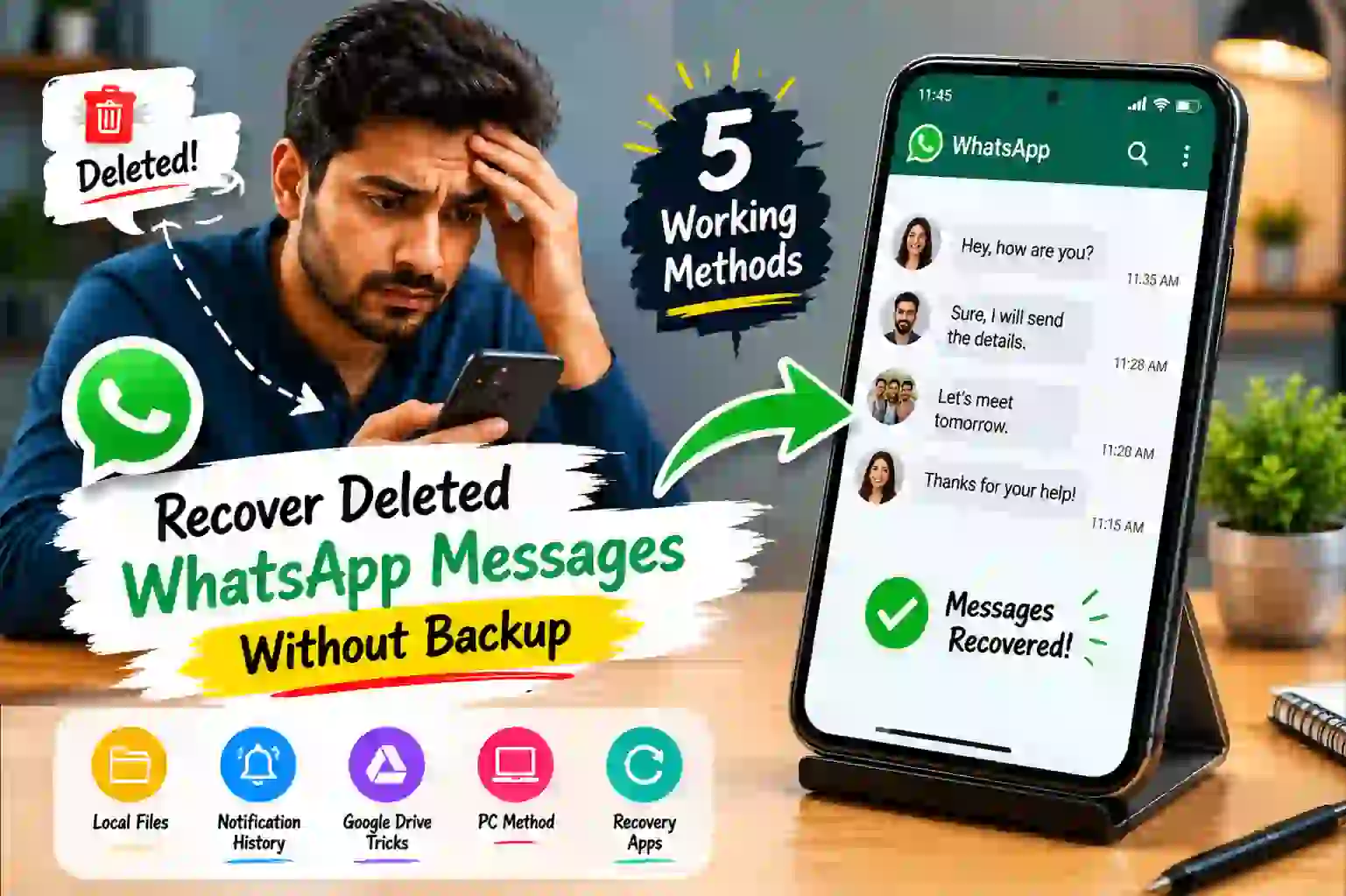 Hand holding Android phone showing WhatsApp deleted message recovery without backup on Samsung and Redmi phones.