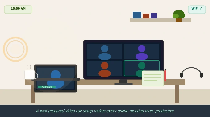 A video conferencing screen showing a live poll, participant reactions, raised hand feature, meeting agenda panel with timer, and active speaker highlight — demonstrating best practices for keeping online meetings engaging and productive.