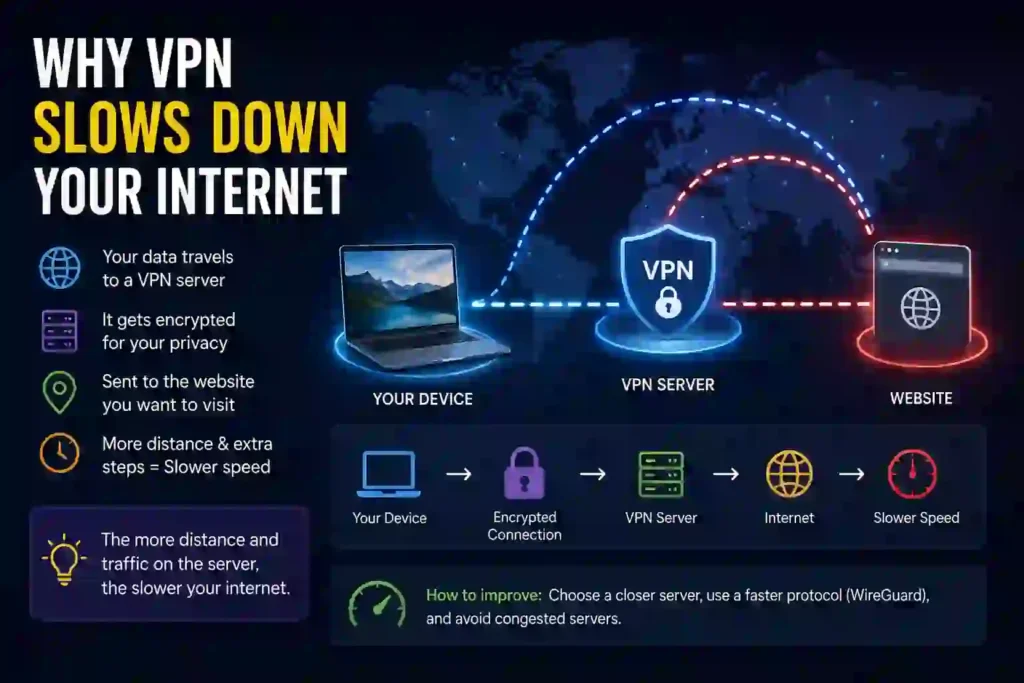 Illustration explaining how VPN usage can reduce internet speed due to encryption and server distance.
