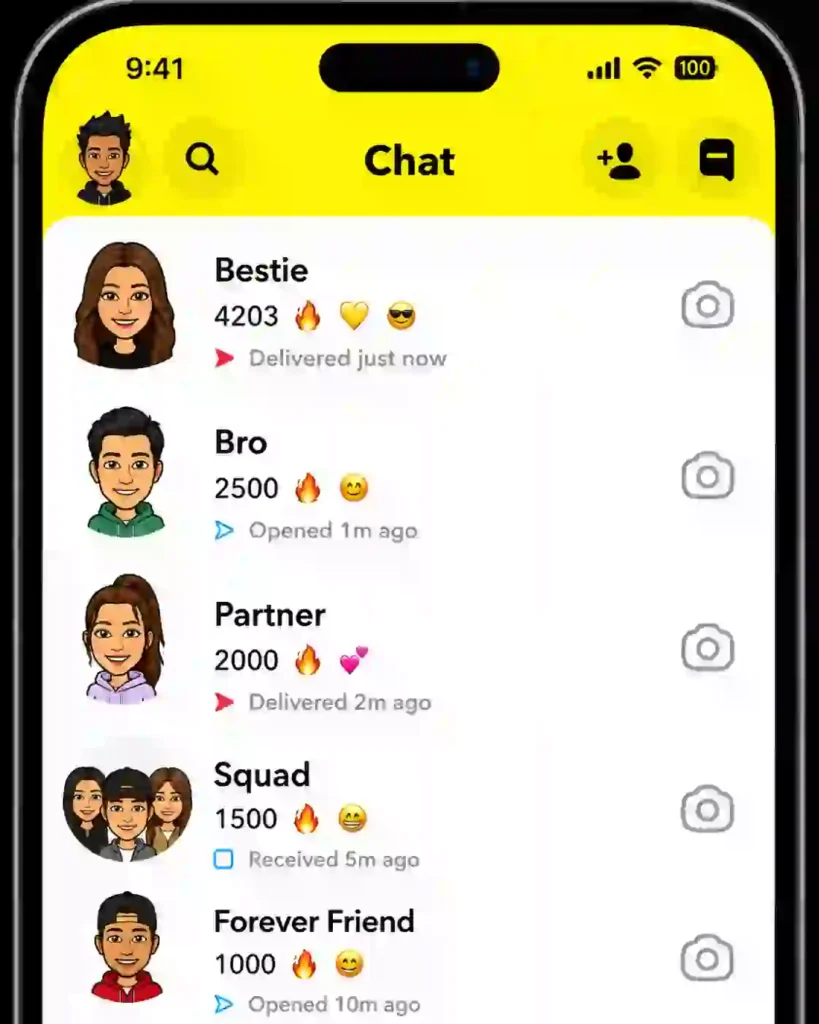 Longest Snapchat Streaks chat screen showing record Snapstreak counts in 2026