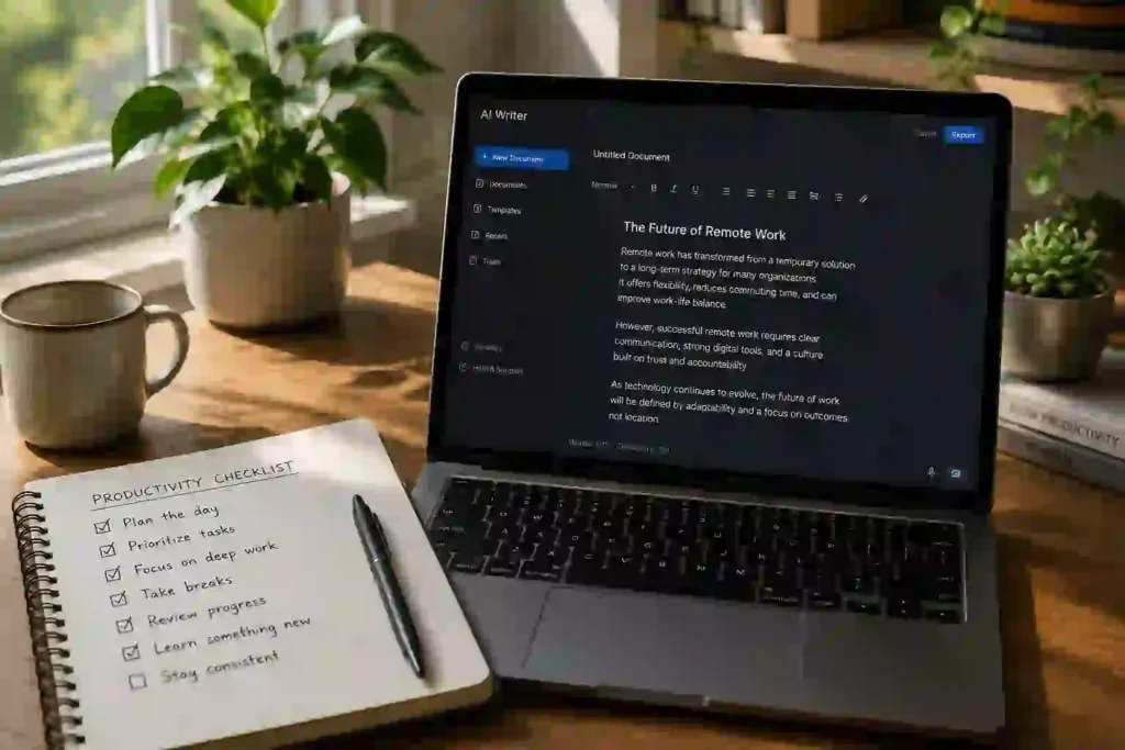 Person writing a detailed AI prompt on a laptop beside a notebook with handwritten ideas in a bright home office.