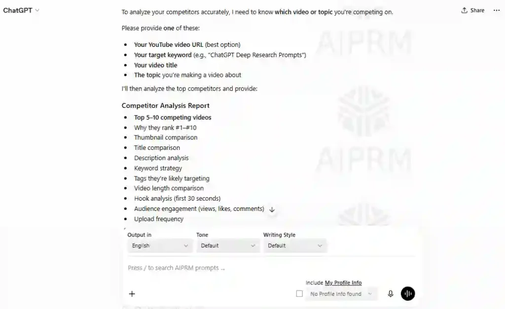 ChatGPT Deep Research prompt for analyzing YouTube competitors, including titles, thumbnails, keywords, audience retention, CTR opportunities, and SEO improvements.