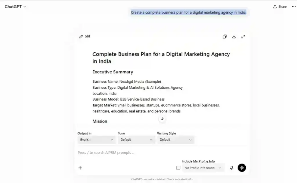 ChatGPT generating a complete business plan for a digital marketing agency in India with executive summary and marketing strategy.