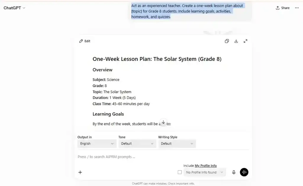 ChatGPT creating a one-week Grade 8 lesson plan with learning goals, classroom activities, homework, and quizzes.