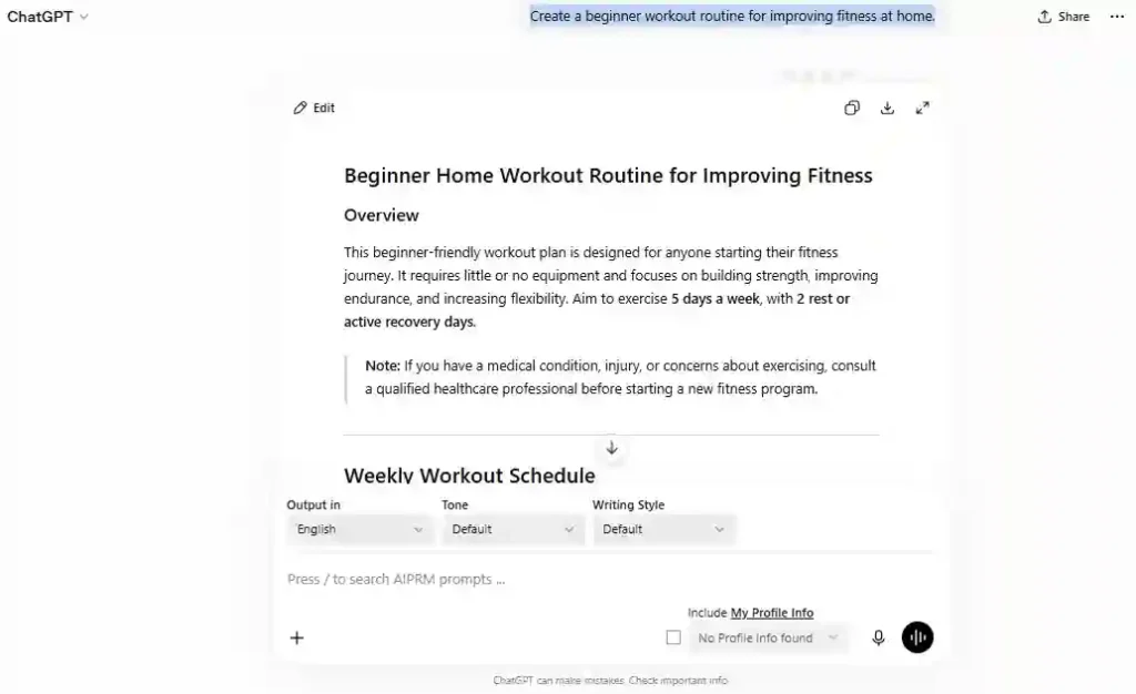 ChatGPT creating a beginner home workout routine for improving fitness with a weekly exercise plan.