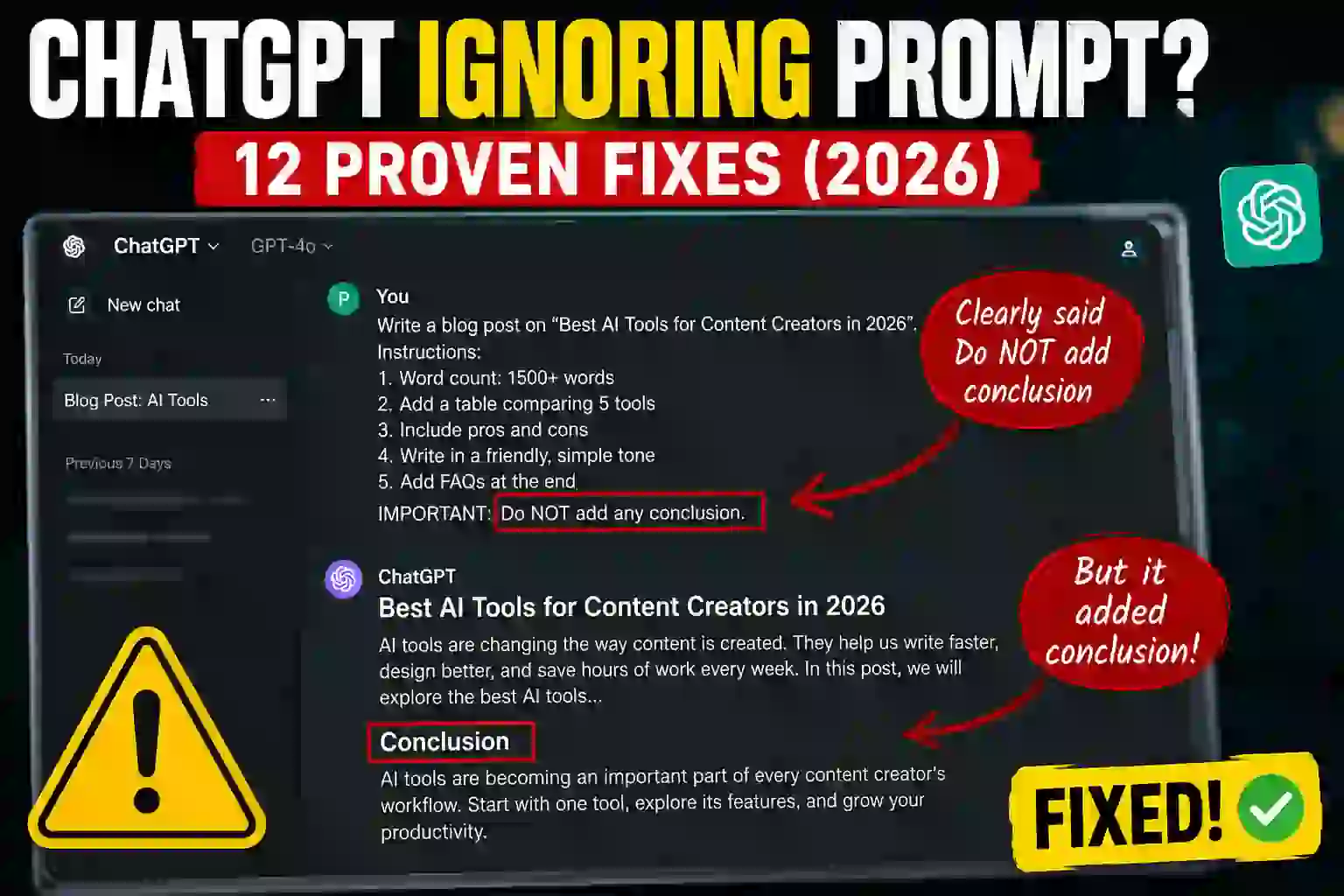 ChatGPT ignoring prompt with skipped instructions and 12 proven fixes