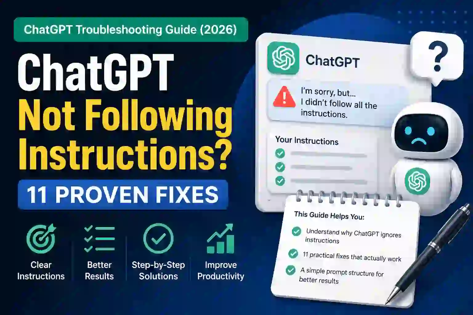 Illustration showing ChatGPT not following instructions with 11 proven fixes to improve prompt accuracy and AI responses.