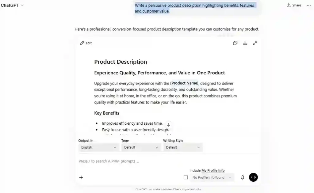 ChatGPT writing a persuasive product description highlighting features, customer benefits, and product value.