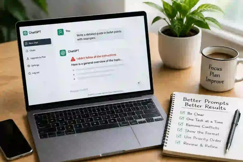 Natural workspace showing ChatGPT on a laptop with prompt troubleshooting notes and tips to improve AI instruction following.