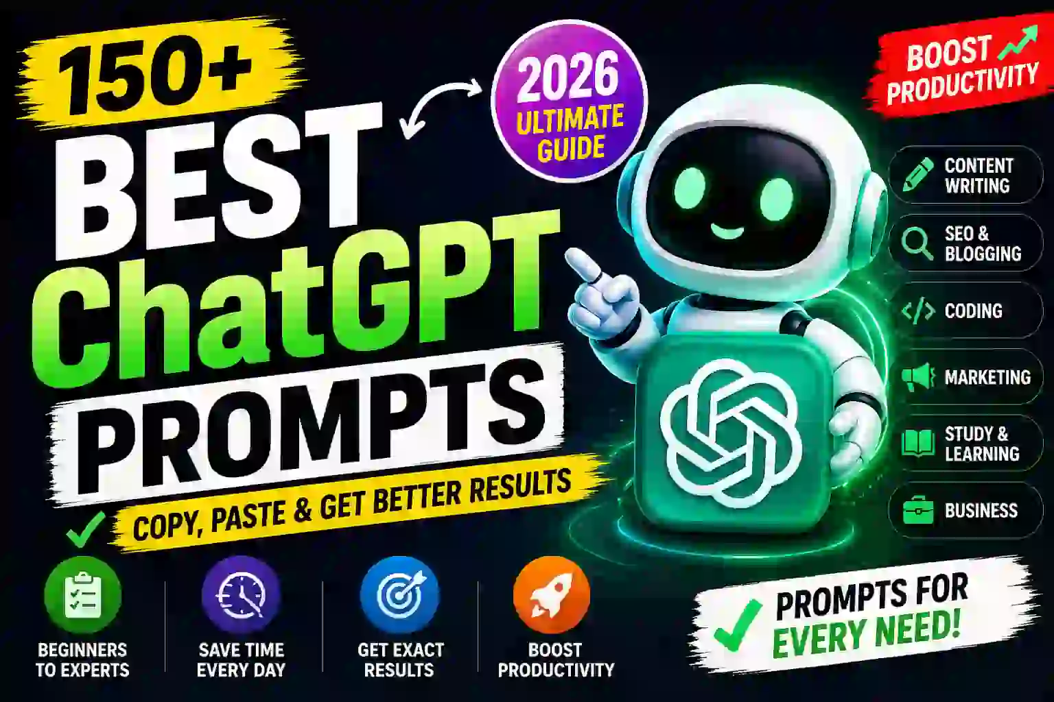 ChatGPT prompts guide showing 150+ AI prompt examples for writing, coding, SEO, marketing, and productivity in 2026