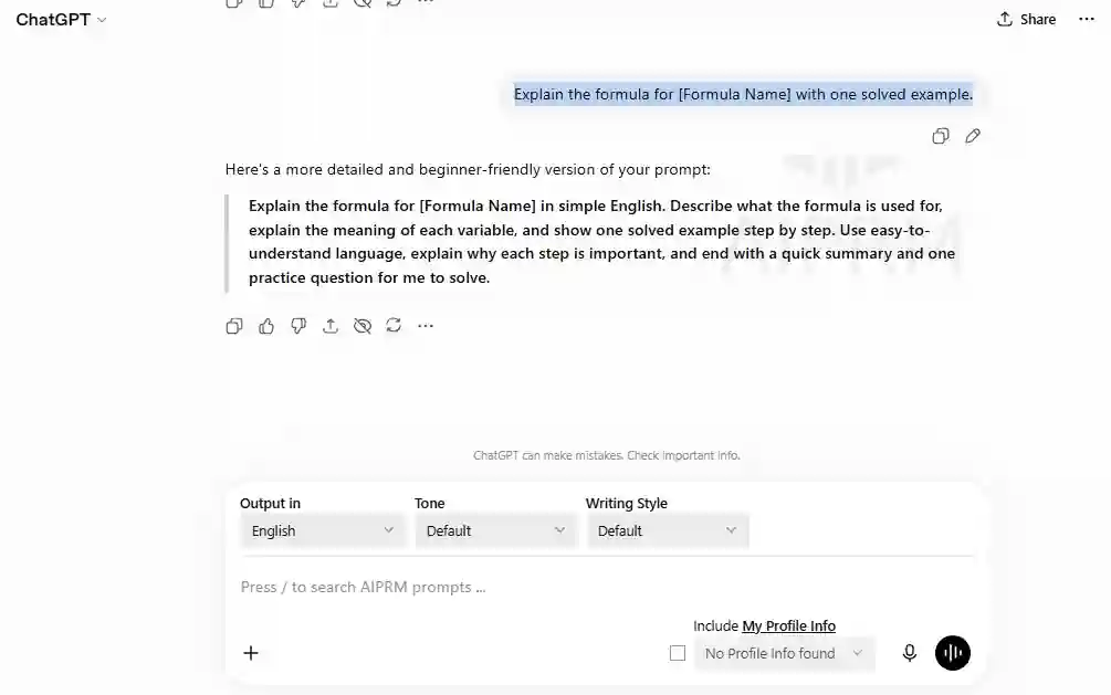ChatGPT prompt explaining a math formula step by step with a solved example for students.