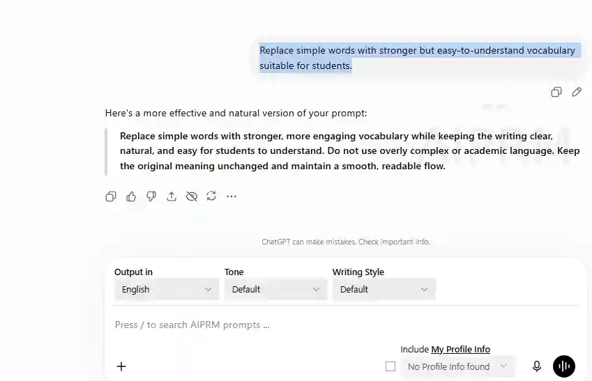 ChatGPT prompt to improve vocabulary using stronger but easy-to-understand words for students.