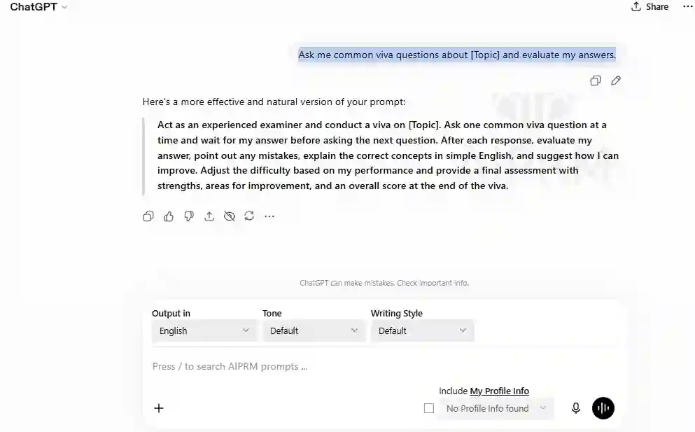 ChatGPT prompt for viva preparation with common questions, answer evaluation, and feedback for students.