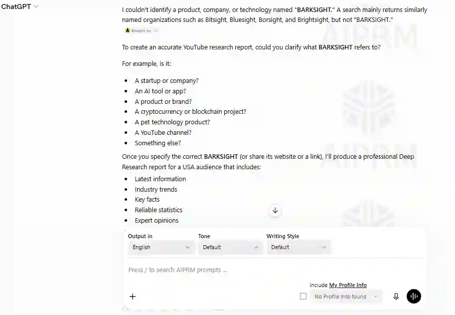 ChatGPT Deep Research prompt for researching YouTube topics with industry trends, statistics, expert opinions, FAQs, recent updates, and trusted sources.