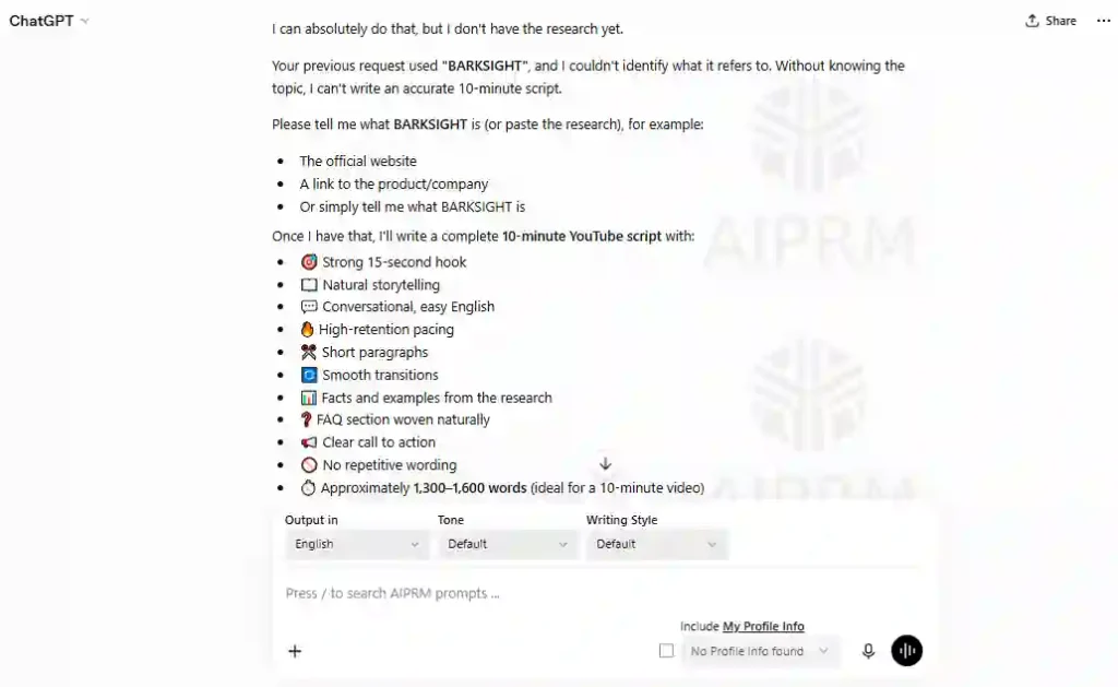 ChatGPT prompt for writing a high-retention YouTube script with conversational storytelling, easy English, smooth transitions, and a strong call to action.