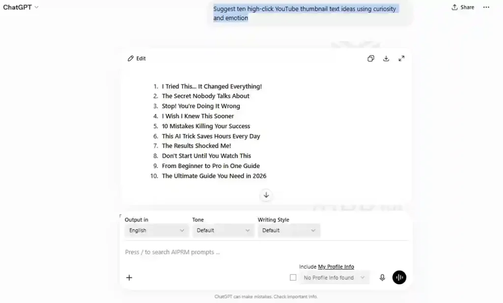 ChatGPT generating high-click YouTube thumbnail text ideas using curiosity and emotional triggers.