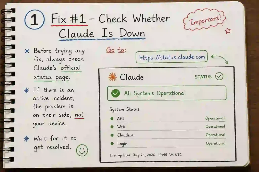Check Claude's official service status before changing browser or device settings.